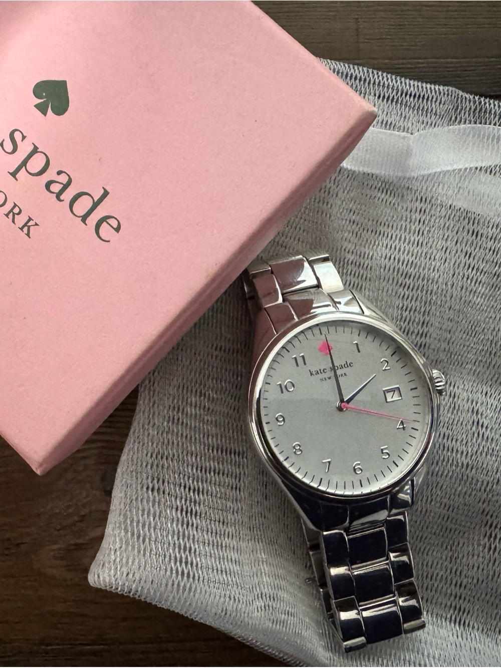 Kate Spade Women’s Silver Stainless Steel Watch with Pink Accents